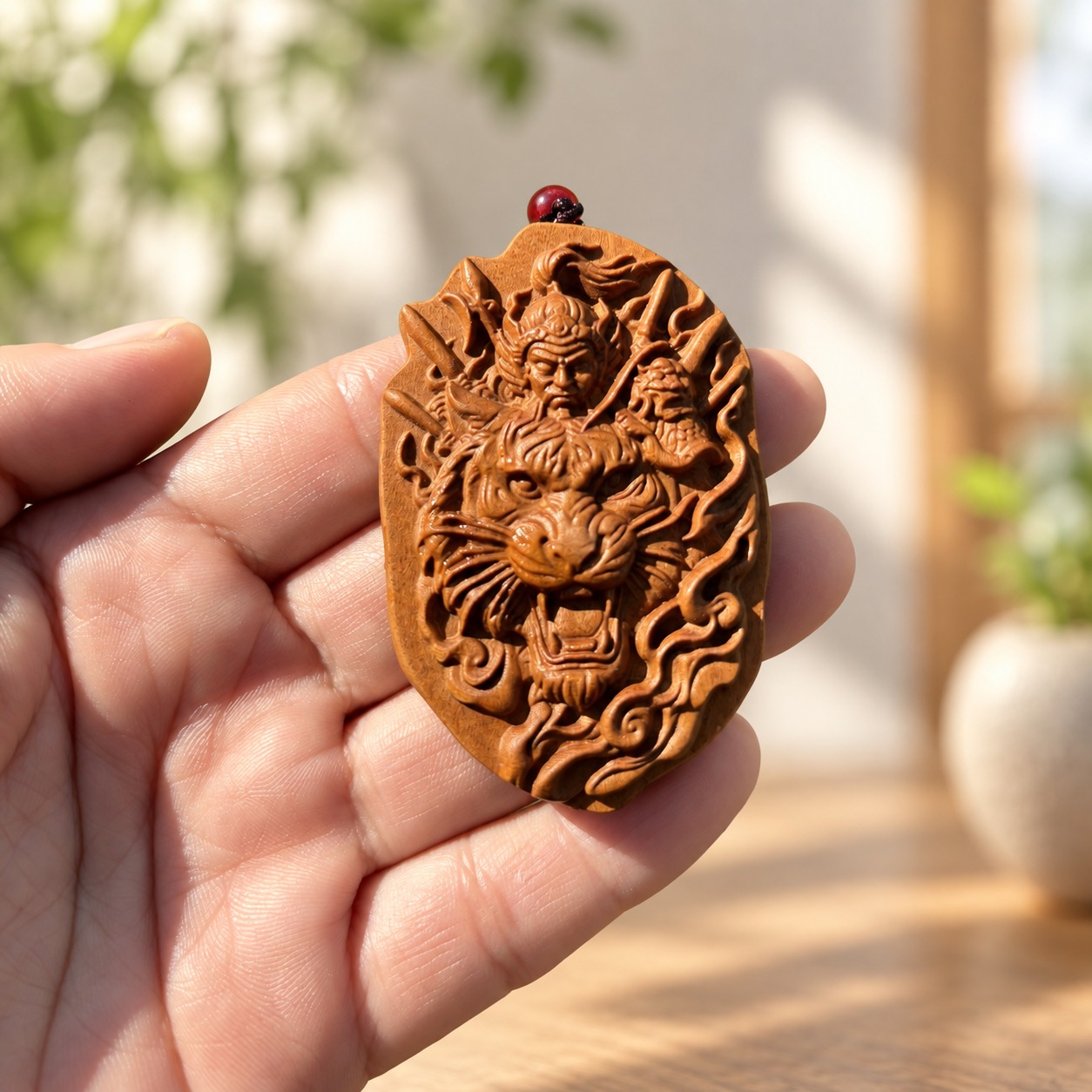 Hu Ye Tiger Deity Wood Pendant, approved hero product view.