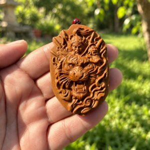 Hu Ye Tiger Deity Wood Pendant, approved scene product view.