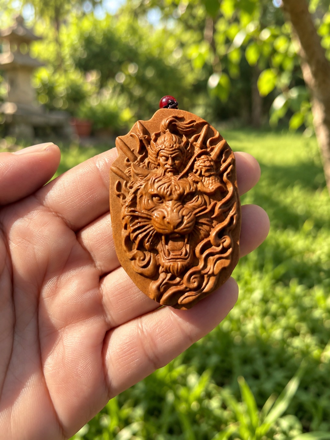 Hu Ye Tiger Deity Wood Pendant, approved scene product view.