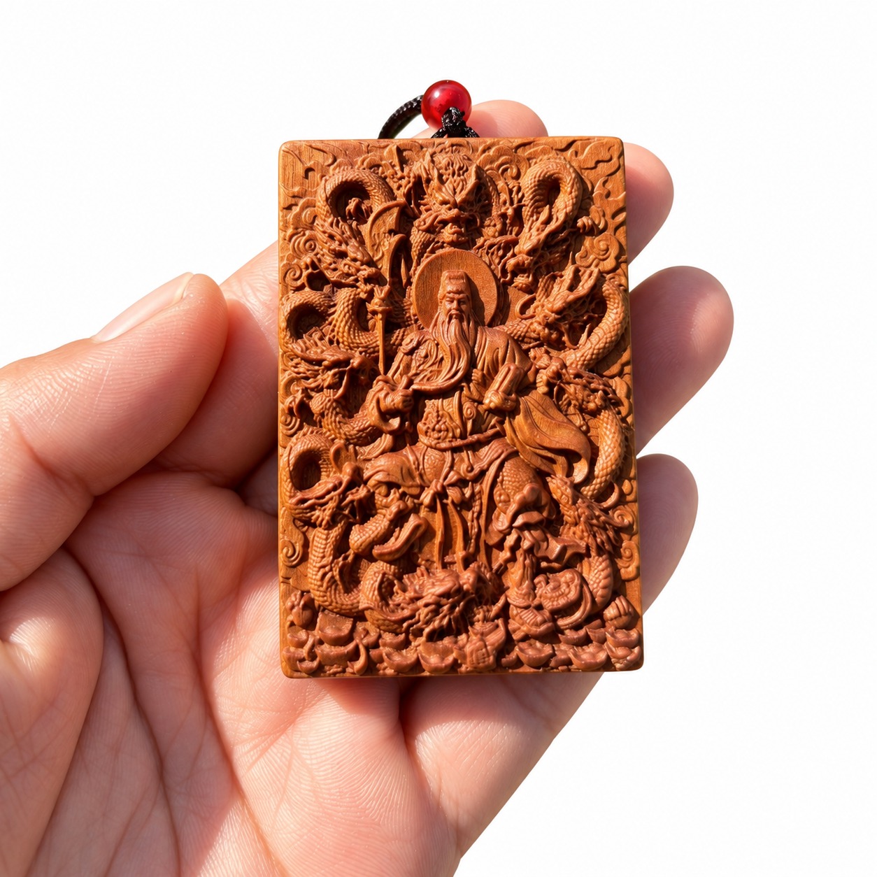Nine-Dragon Guan Gong Wood Pendant, approved main product view.
