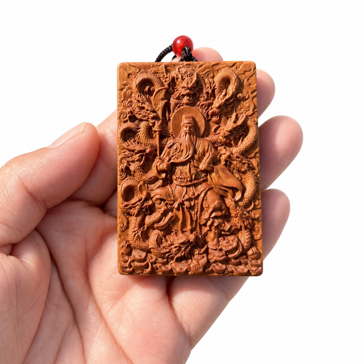 Nine-Dragon Guan Gong Wood Pendant, approved main product view.