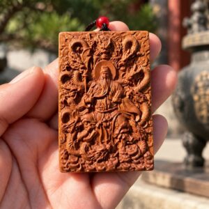 Nine-Dragon Guan Gong Wood Pendant, approved scene product view.