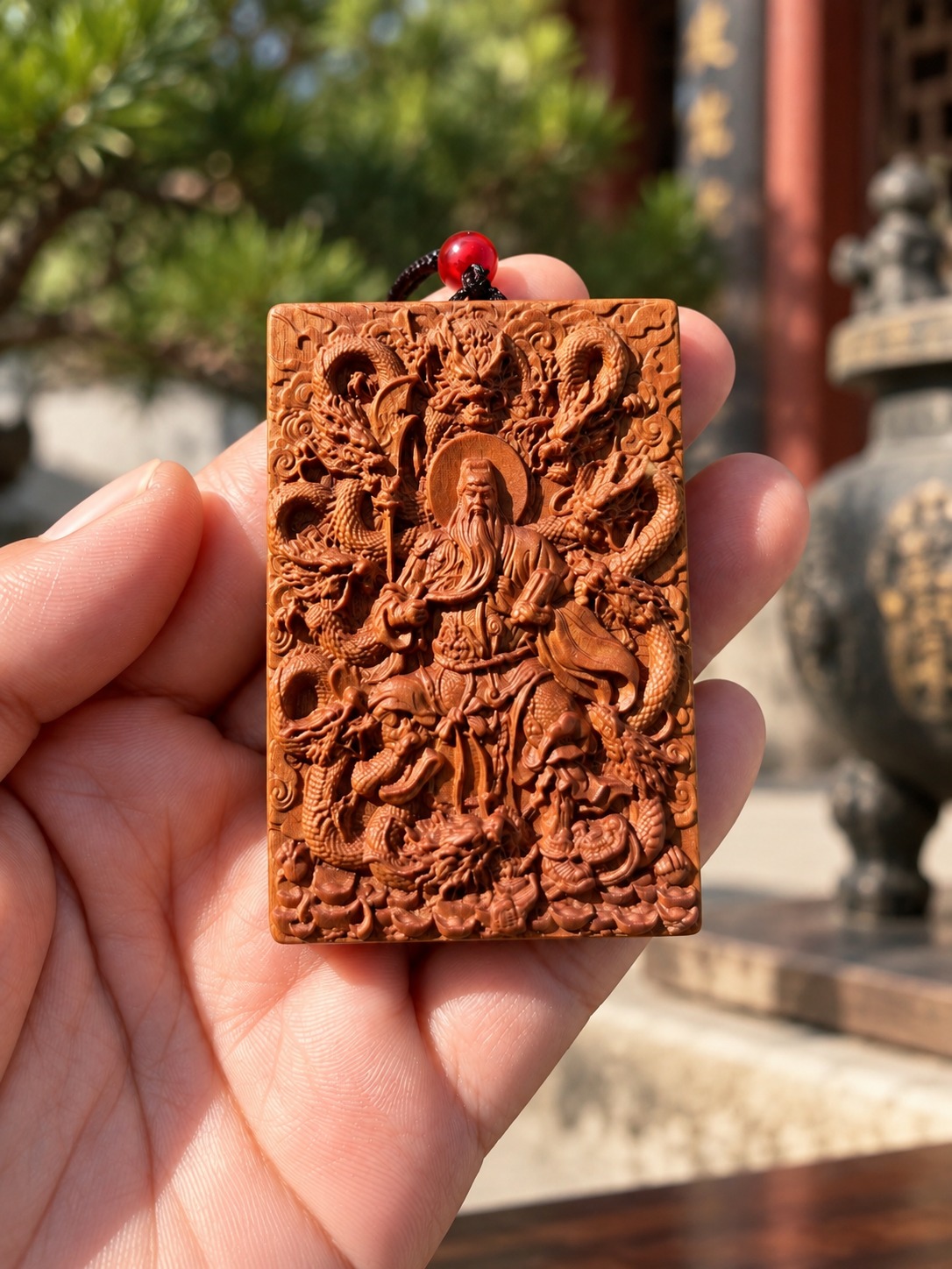 Nine-Dragon Guan Gong Wood Pendant, approved scene product view.