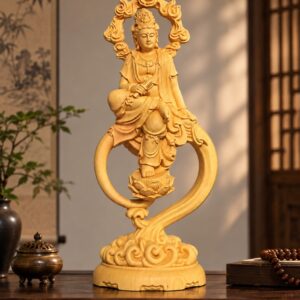 Guanyin with Scripture Wood Statue, approved scene product view.