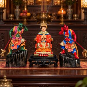 Mazu and Attendants Wood Statue Set, approved scene product view.