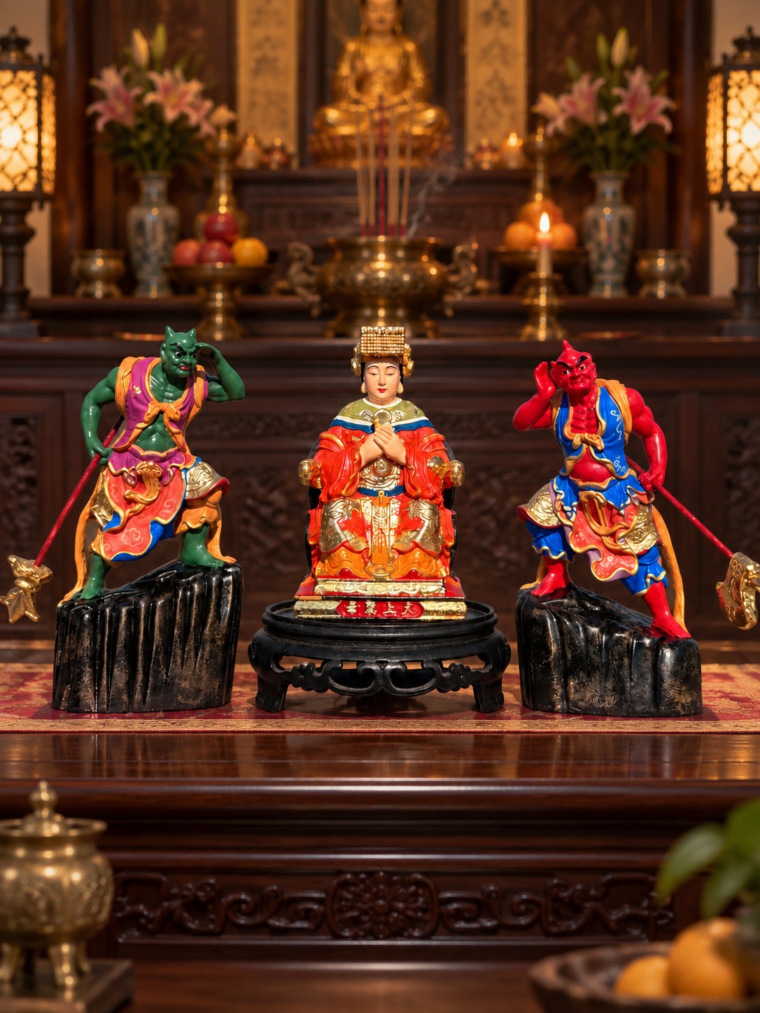 Mazu and Attendants Wood Statue Set, approved scene product view.