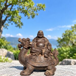 Laughing Buddha on Dragon Turtle Wood Statue, approved hero product view.