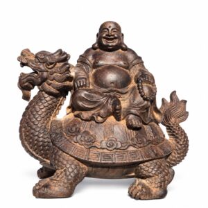 Laughing Buddha on Dragon Turtle Wood Statue, approved main product view.
