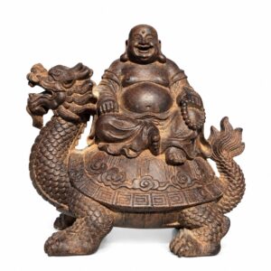Laughing Buddha on Dragon Turtle Wood Statue, approved main product view.