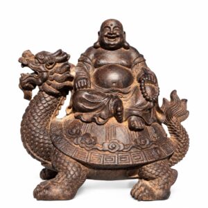 Laughing Buddha on Dragon Turtle Wood Statue, approved main product view.
