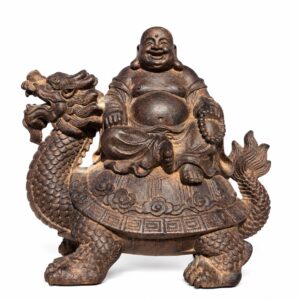Laughing Buddha on Dragon Turtle Wood Statue, approved main product view.