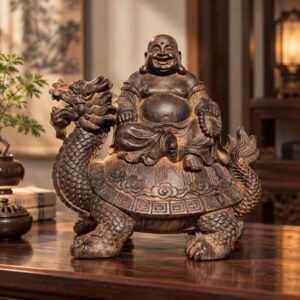 Laughing Buddha on Dragon Turtle Wood Statue, approved scene product view.