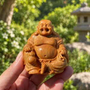 Laughing Buddha Wood Figurine, approved scene product view.