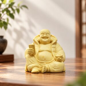 Laughing Buddha with Ingot Wood Statue, approved hero product view.