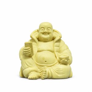 Laughing Buddha with Ingot Wood Statue, approved main product view.