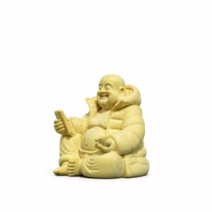Laughing Buddha with Ingot Wood Statue, approved main product view.