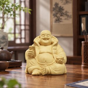 Laughing Buddha with Ingot Wood Statue, approved scene product view.