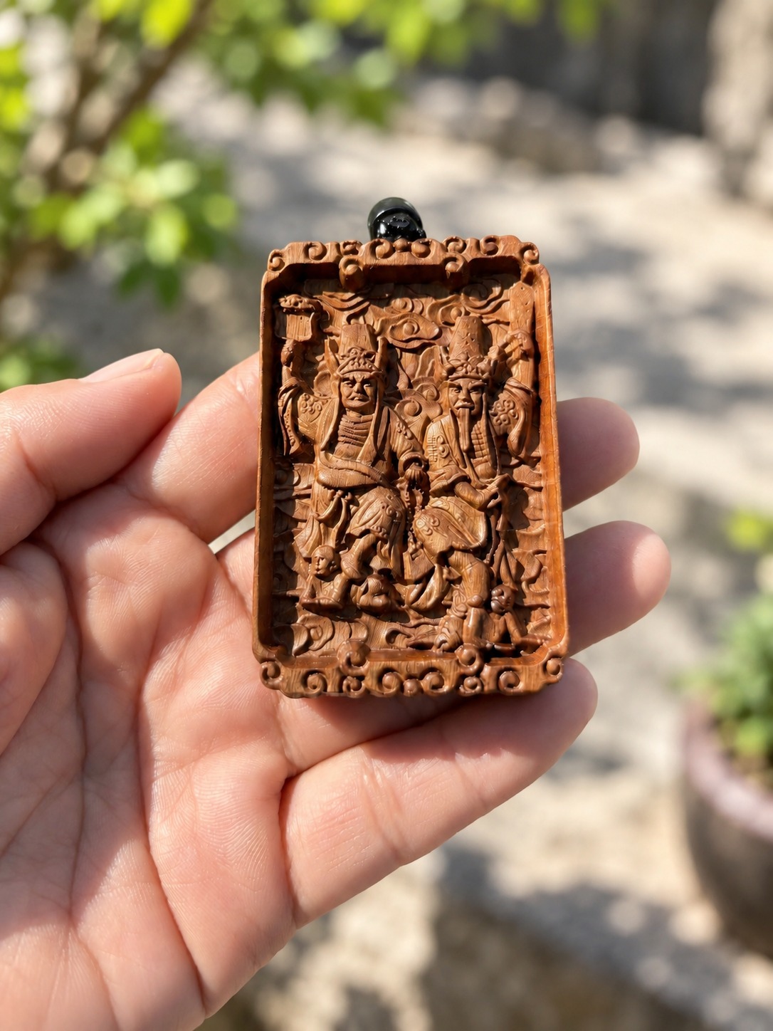 Black and White Wuchang Wood Pendant, approved scene product view.