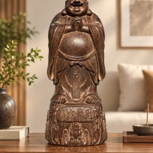 Laughing Buddha Wood Statue, approved scene product view.