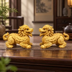 Qilin Wood Figurines — Single or Pair, approved scene product view.