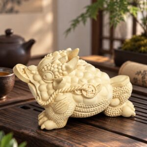 Three-Legged Toad Wood Figurine, approved scene product view.
