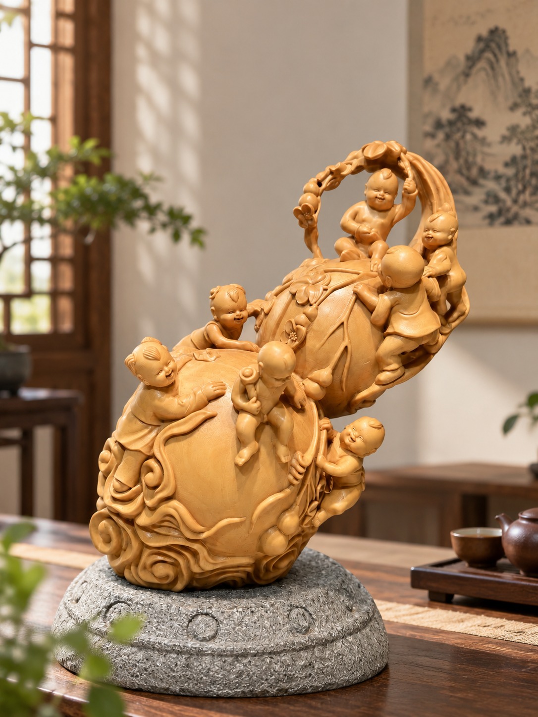 Seven Calabash Brothers Wood Figurines, approved scene product view.