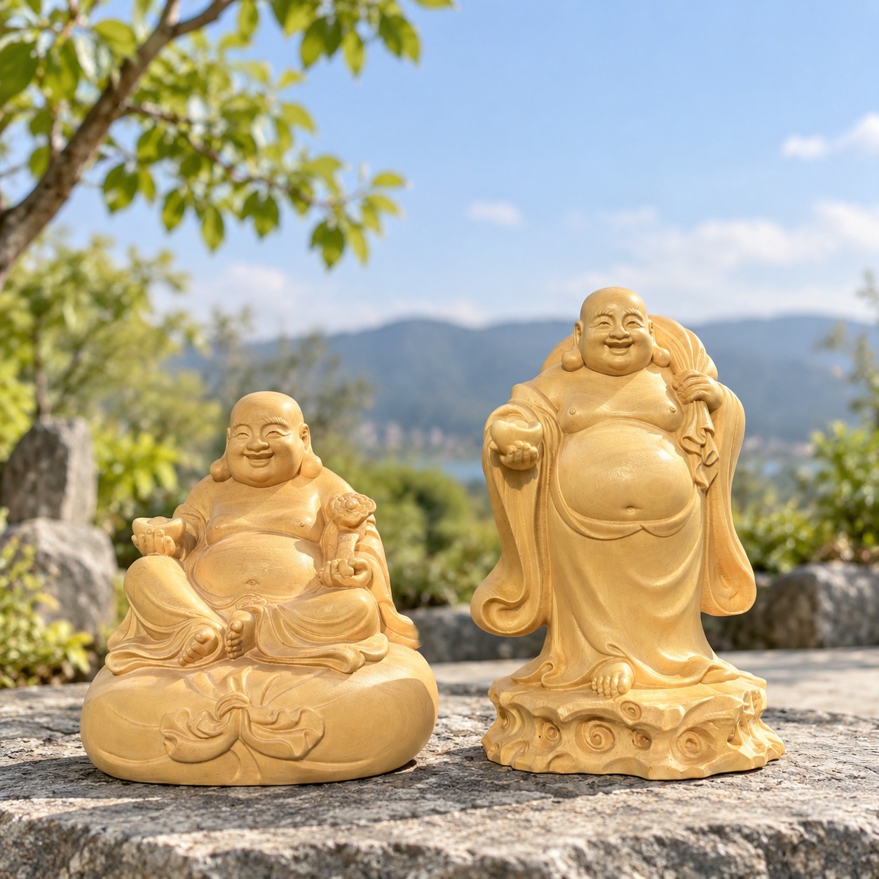 Budai Laughing Buddha Wood Figurine, approved hero product view.