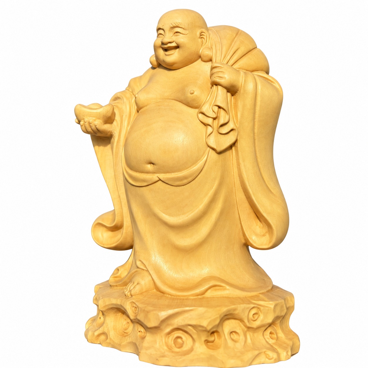 Budai Laughing Buddha Wood Figurine, approved main product view.
