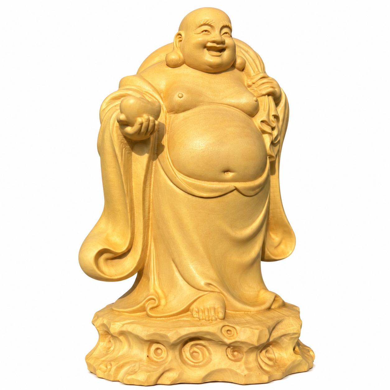 Budai Laughing Buddha Wood Figurine, approved main product view.