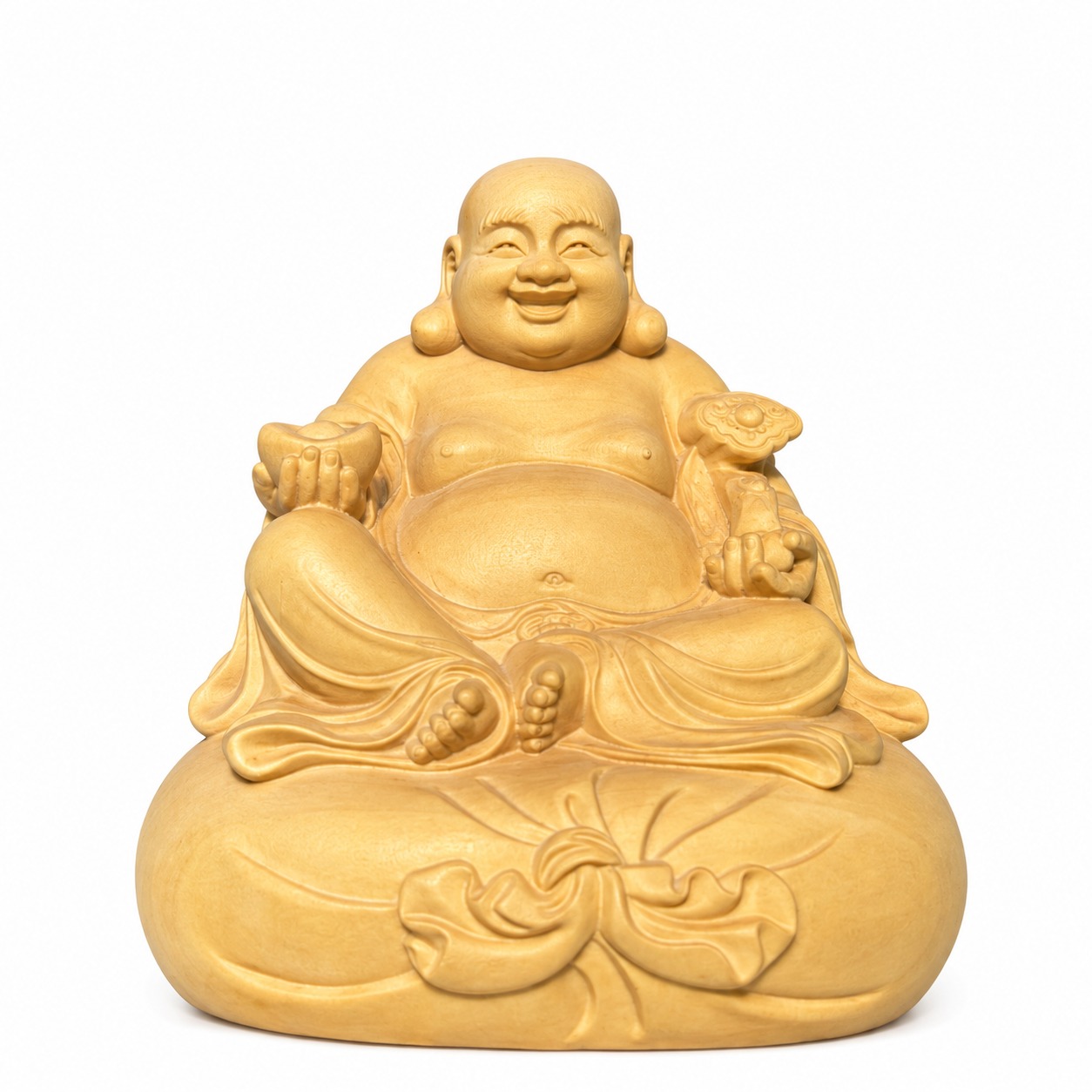Budai Laughing Buddha Wood Figurine, approved main product view.