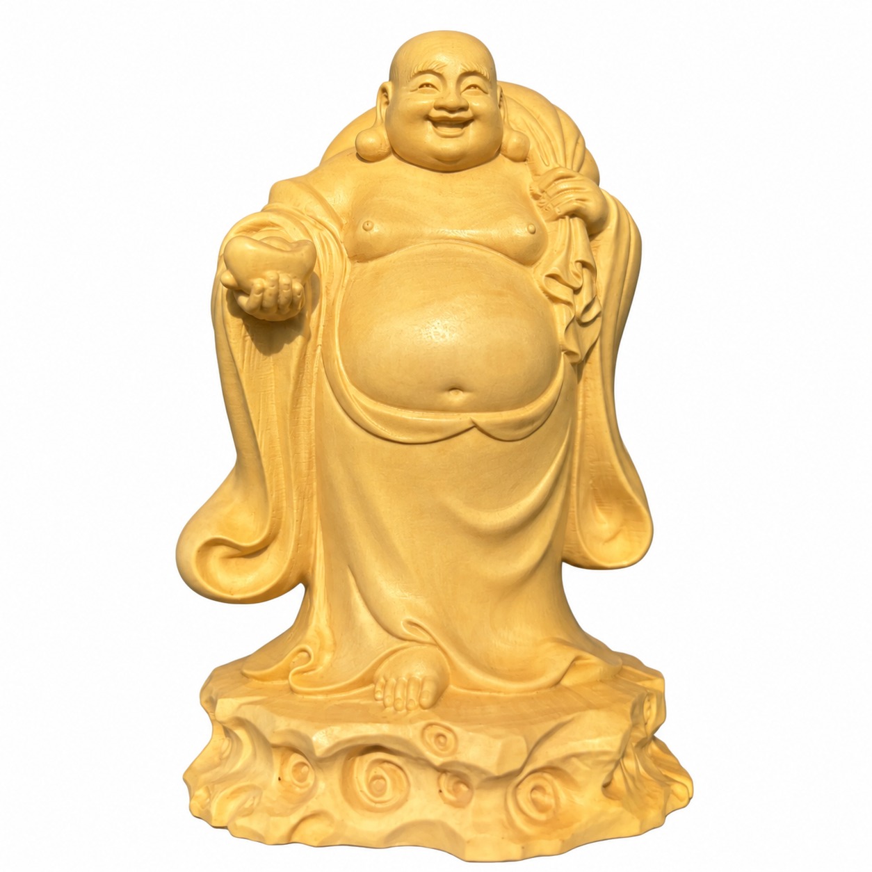 Budai Laughing Buddha Wood Figurine, approved main product view.