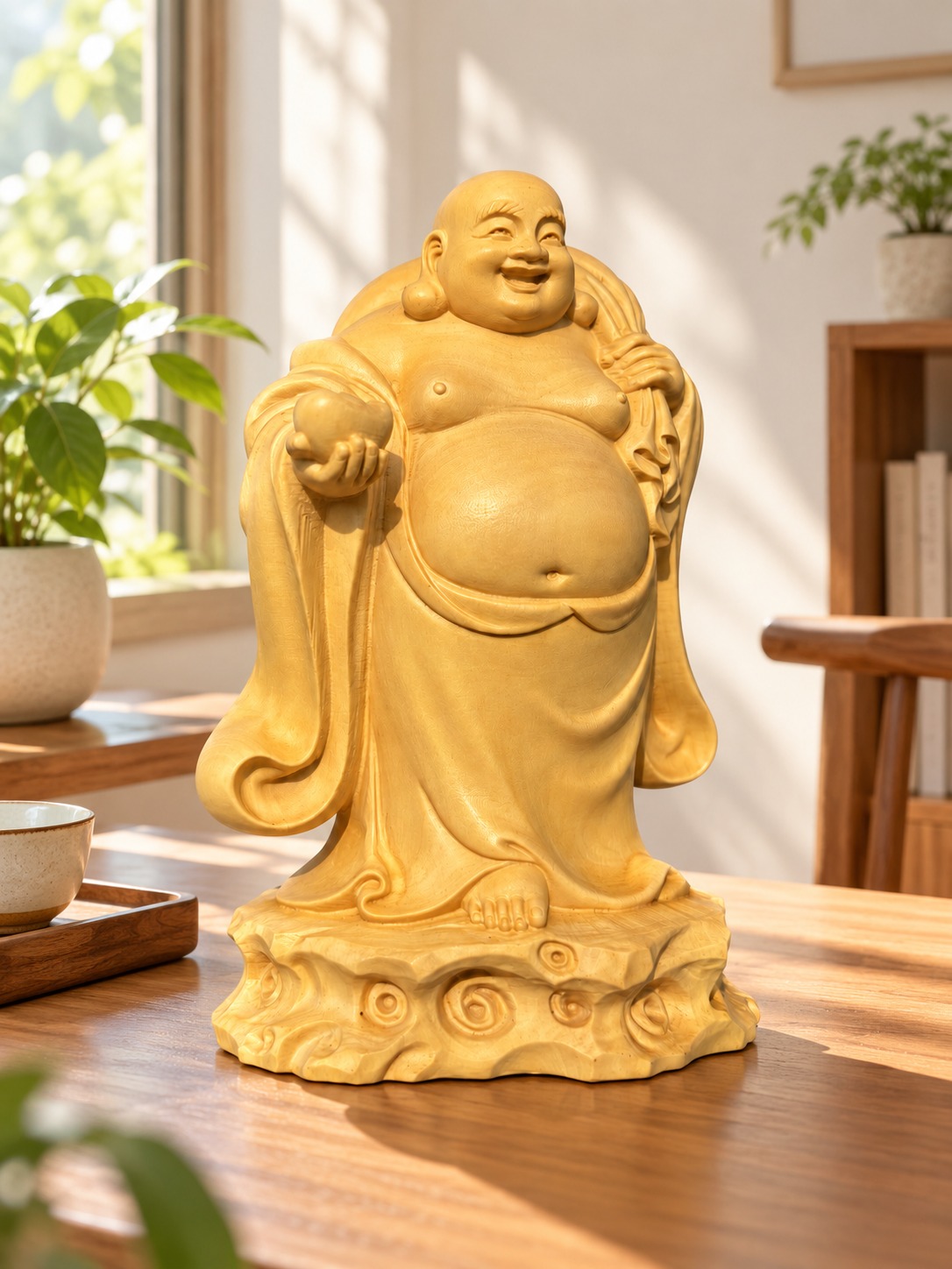 Budai Laughing Buddha Wood Figurine, approved scene product view.
