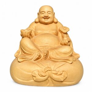 Budai Laughing Buddha Wood Figurine, approved variant product view.