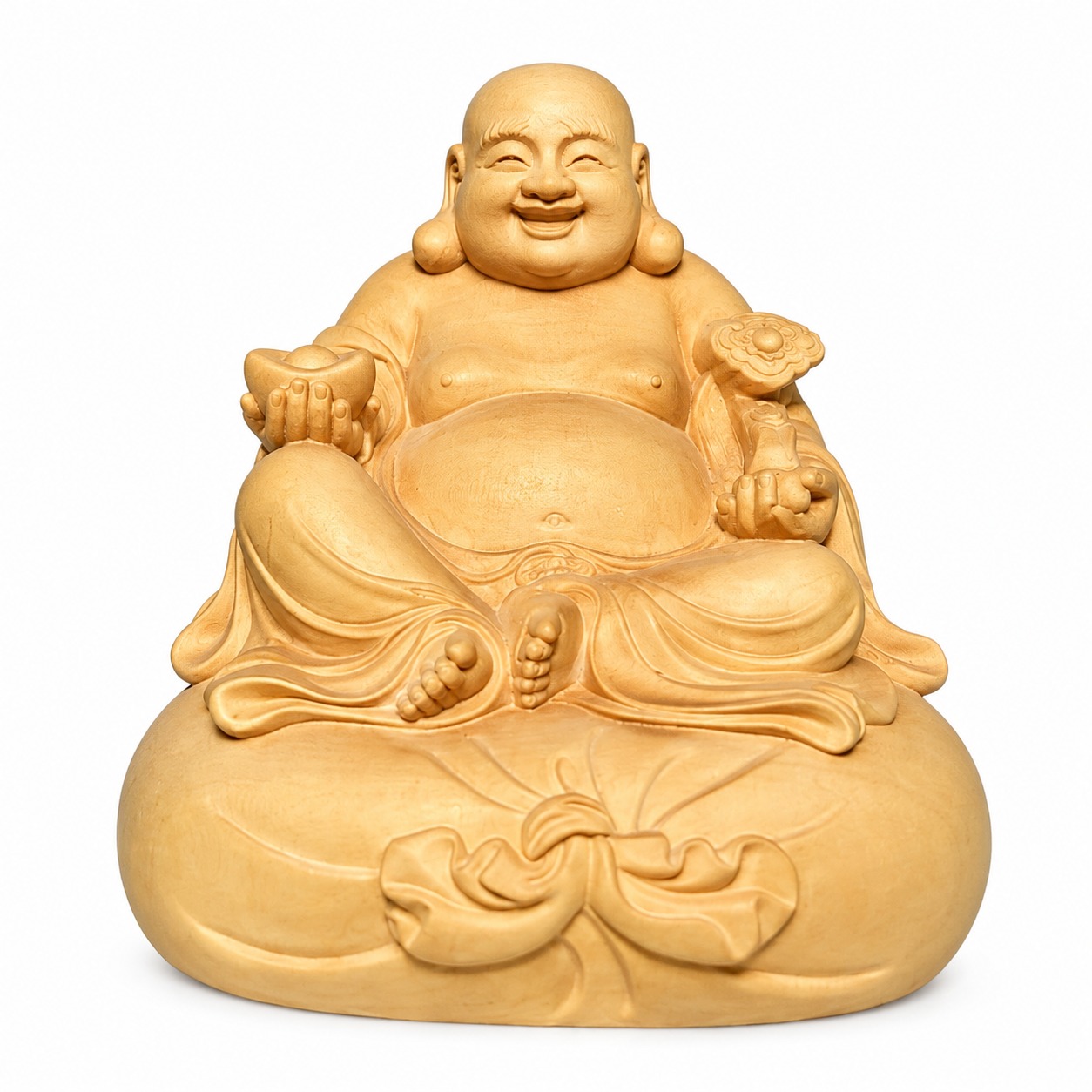 Budai Laughing Buddha Wood Figurine, approved variant product view.