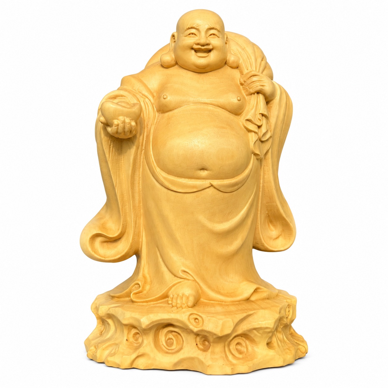 Budai Laughing Buddha Wood Figurine, approved variant product view.