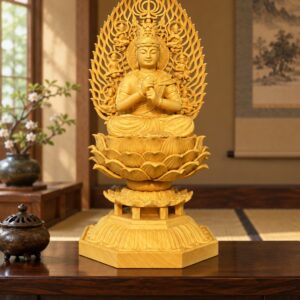 Vairocana Buddha Wood Statue, approved scene product view.