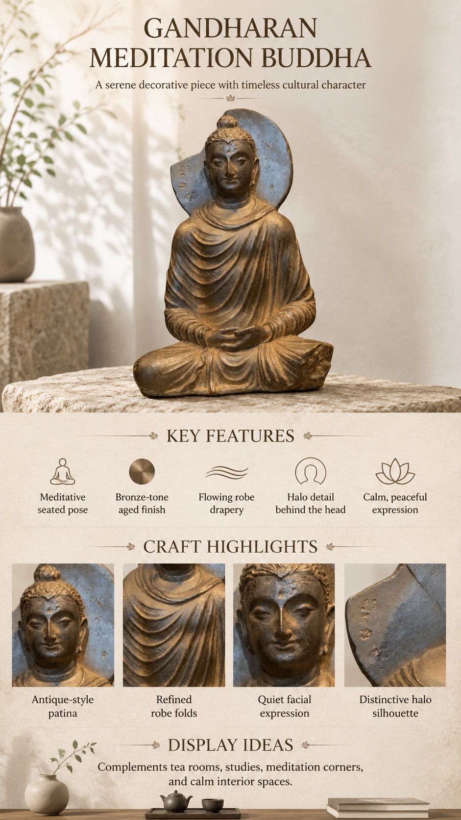 Gandhara Style Seated Buddha Resin Statue, approved detail product view.