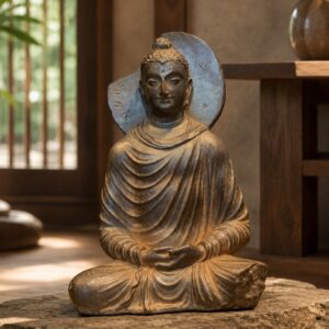 Gandhara Style Seated Buddha Resin Statue, approved scene product view.