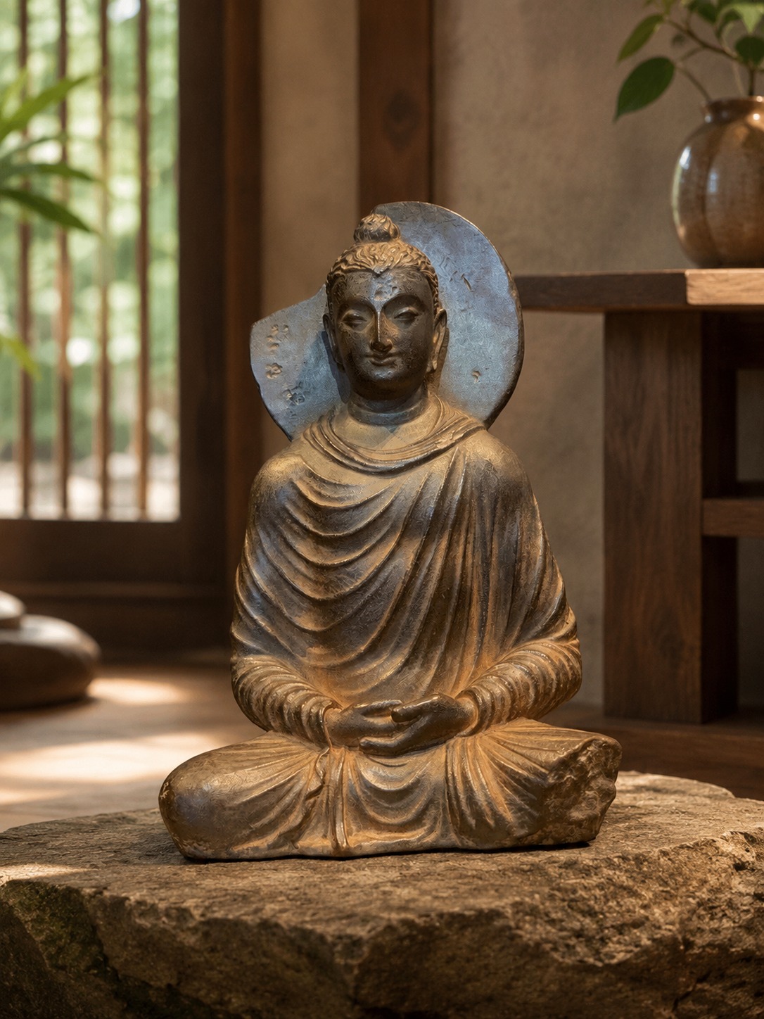 Gandhara Style Seated Buddha Resin Statue, approved scene product view.