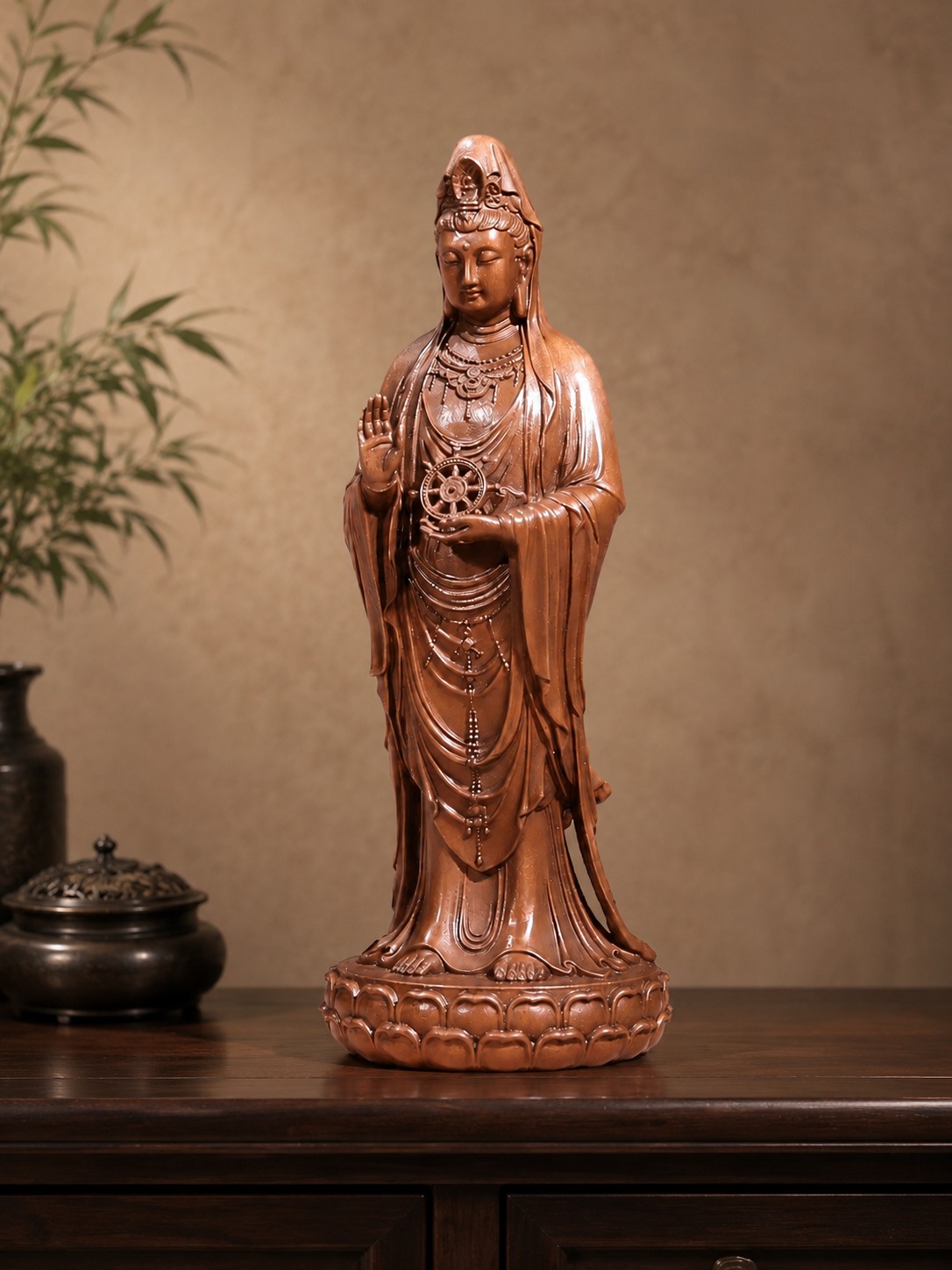 Standing Nanhai Guanyin Copper Alloy Statue, approved scene product view.