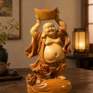 Laughing Buddha with Ingot Resin Statue, approved scene product view.