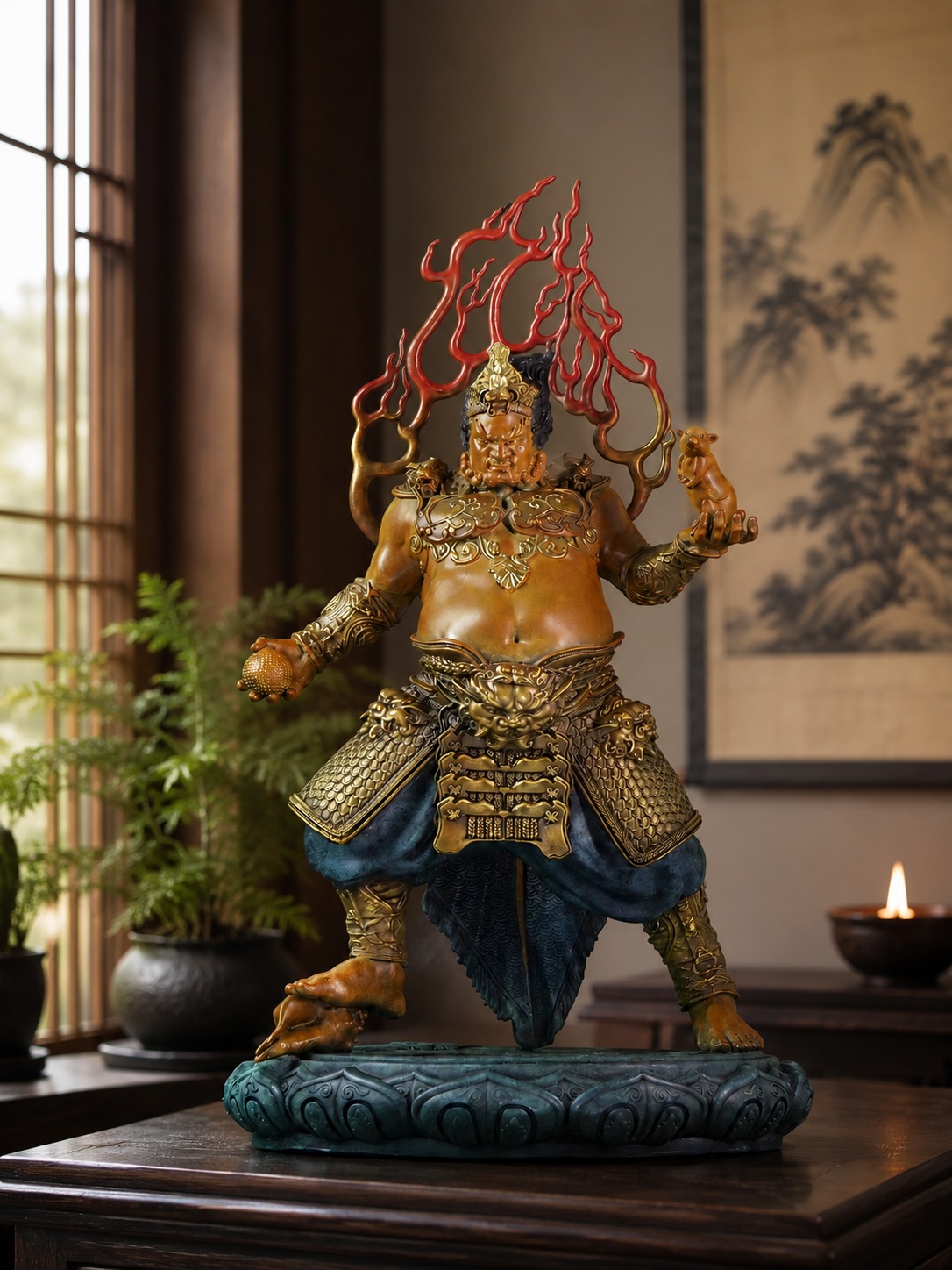 Yellow Jambhala Copper Alloy Statue, approved scene product view.